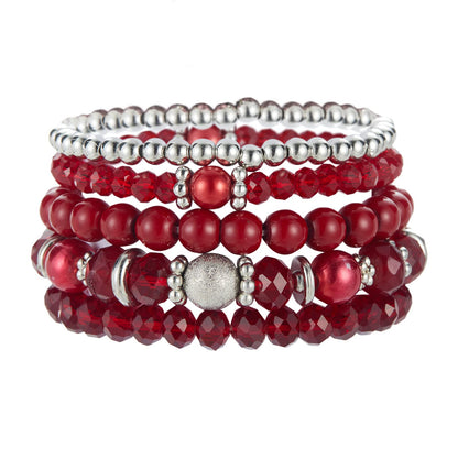 Noessla Beaded Pearl Stretch Bracelet Silver Stackable Crystal Beads Bracelets Trendy Costume Jewelry Mothers Day Gifts for Women(Red)