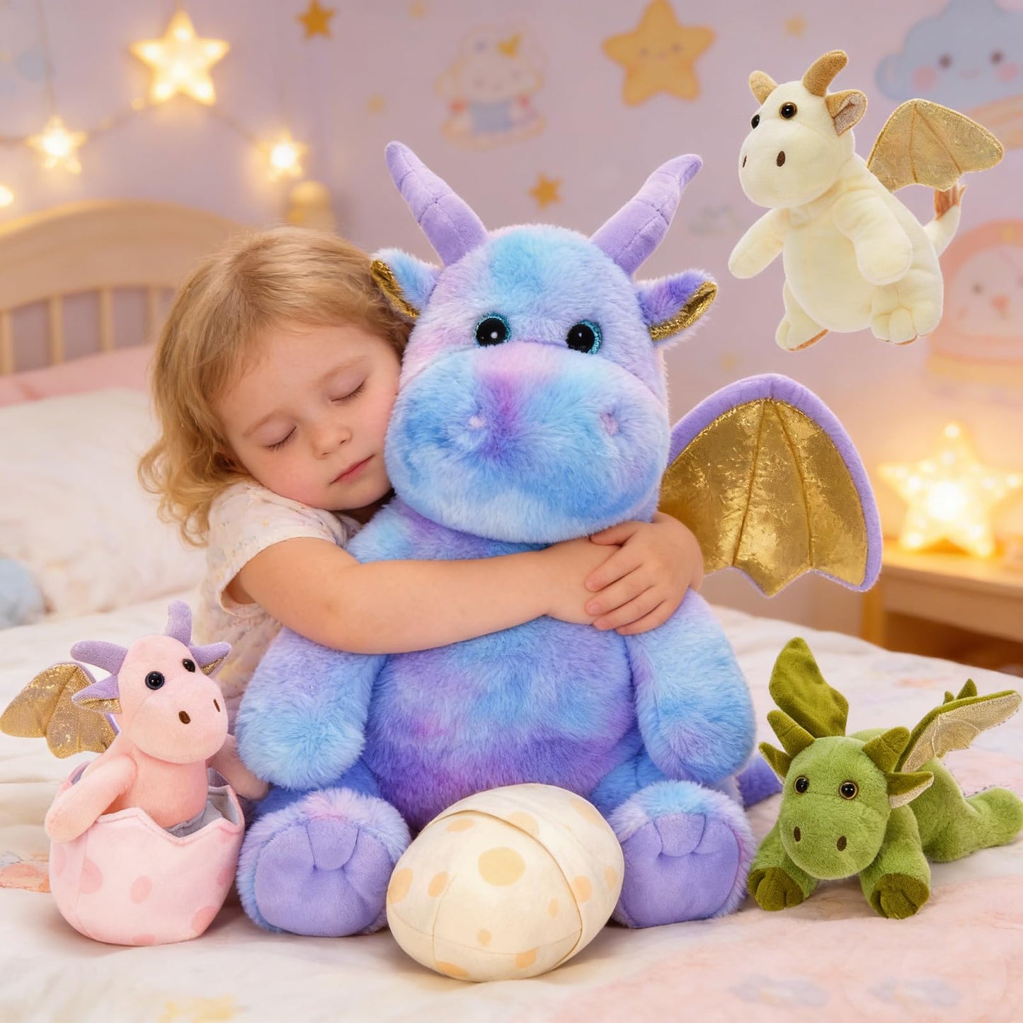 Tezituor Purple Stuffed Dinosaur for Girls,Cute Dragon Stuffed Animal,6 Pcs Mommy Dino Plush Toy with 3 Baby Dinosaurs,Large Pterosaur Stuffy,Triceratops, Stegosaurus Plushies Birthday