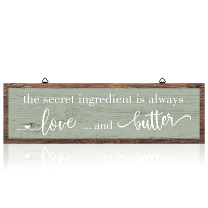 Jetec The Secret Ingredient Is Always Love and Butter Sign Funny Wood Kitchen Sign Funny Farmhouse Wall Decor Rustic Kitchen Wall Decoration, 15.7 x 4.7 Inch(Green)