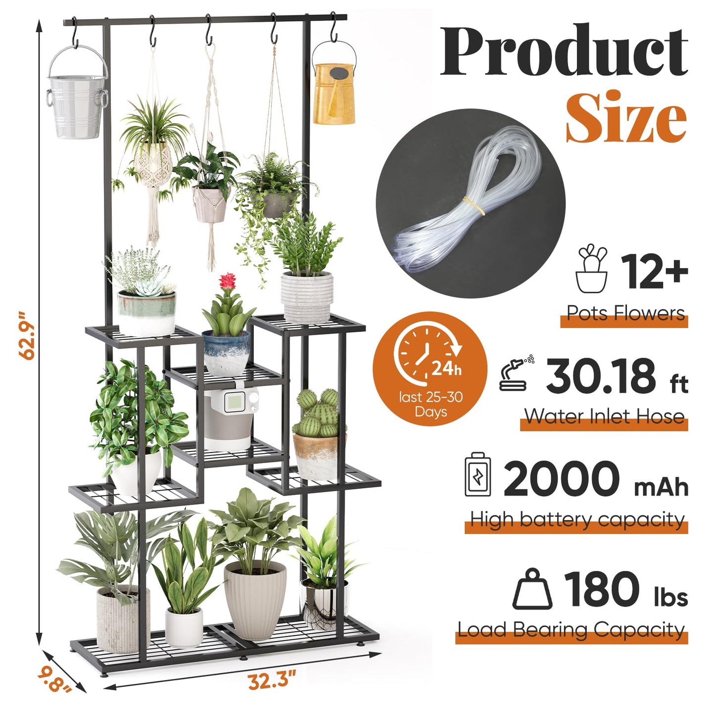4 Tier Plant Stand with Automatic Drip Watering System, Indoor Outdoor Metal Plant Shelf with Hanging Rod, Holds 12 Pots, Space Saving Plant Display & Organizer