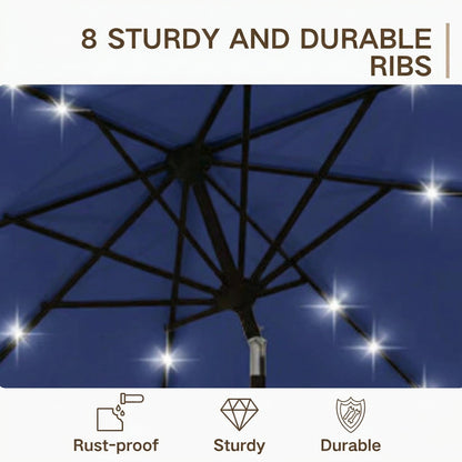 Kingdura 9FT Outdoor Patio Umbrella with Solar Lights, Market Table Umbrella with Push Button Tilt & Crank, 8 Sturdy Ribs, 32 LED Lights, UV Protection for Garden Lawn Deck Backyard Pool (Navy blue)
