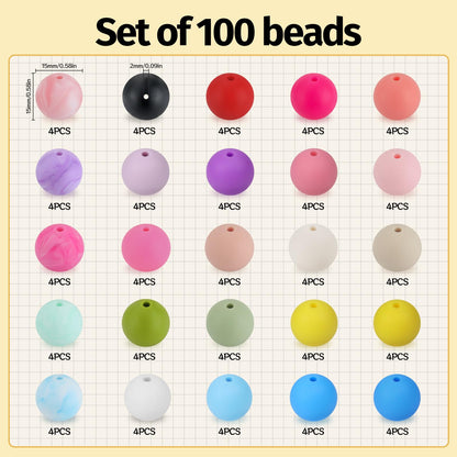 SALUOKE 100 Pcs 15mm Silicone Beads for Keychain Making, Pink Gream Silicone Beads Bulk Round for Bracelets Pens Crafts Jewelry Making (Colorful)