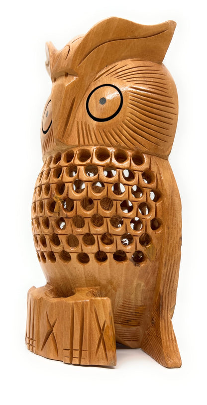 South Asian Handicrafts Handmade Cedar Wood Undercut Owl, Aromatic Natural Carving, Artisanal Family Decor & Unique Gift, Decorative Jali Cutwork Design (Owl)