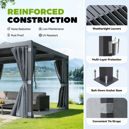 MELLCOM Louvered Pergola 12x12, Steel Aluminum Pergola with Adjustable Louvered Roofs, Outdoor Gazebo with Waterproof Curtains and Nets, Black