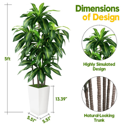 Artificial Dracaena Tree Indoor, 5FT Tall Fake Tree with White Tall Planter, Artificial Tree Fake Yucca Potted Tree for Home Office Living Room Decor, Tall Artificial Plant for Housewarming