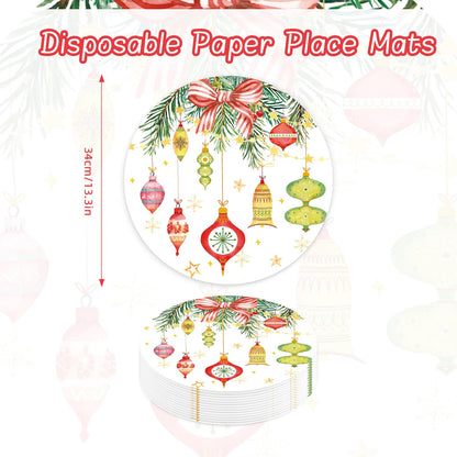 50 Pack Christmas Paper Placemats 13.7 Inch Xmas Disposable Round Place Mats Winter Christmas Ball Table Mats for Holiday New Years Party Home Dinner Table Setting