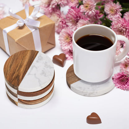 ZENFUN 6 Packs Marble Wood Coasters, Round Coaster, Handcrafted Artificial Marble Coasters Set for Your Drinks and Beverages, Tea, Coffee, Wine/Bar Glasses, Tabletop Protection Helper