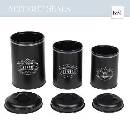 Baie Maison Large Black Kitchen Canisters Set of 3 - Farmhouse Canister Sets for Kitchen Counter - Coffee Tea Sugar Container Set - Rustic Kitchen Canisters for Countertop - Metal Kitchen Decor Jars