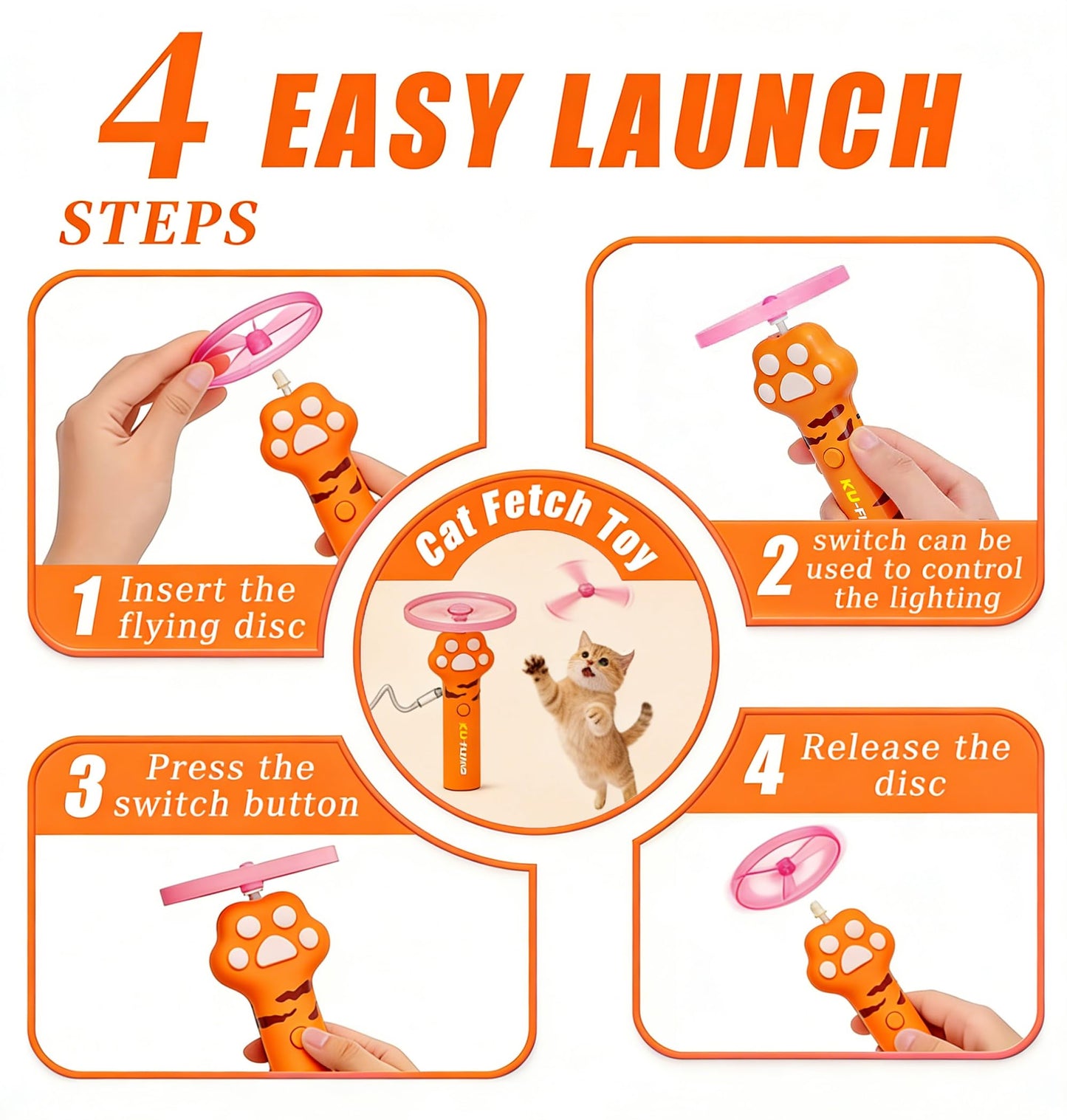 Cat Fetch Toy Launcher,Flying Disc Launcher Toy Rechargeable with 10 Flying Discs,Flying Cat Toy Disc Launcher for Kitten Dog Playing Interactive Hunting Tracking Toys for Outdoor Indoor,Orange