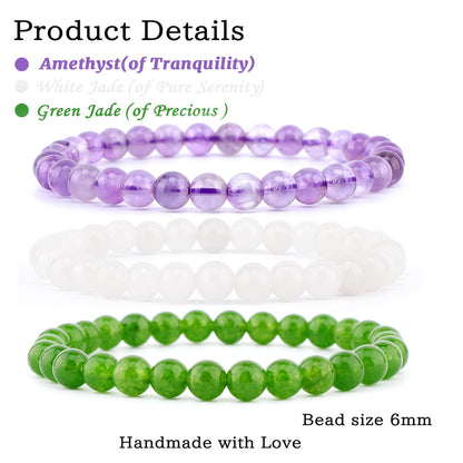 NCB 3-Piece 6mm Natural Crystal Gemstone Stretch Bracelets – ﻿Amethyst, Green Jade, White Jade Handmade Reiki Energy Healing Jewelry for Meditation,Yoga, Unisex