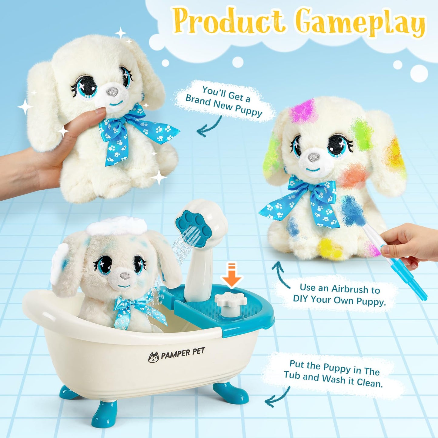 G.C Paint-Wash-Recolor Dog Plush Doll Toys for Kids Painting Craft Kit, Pretend Play Bath Toy with Bathtub, Blow Pen, Doodle Stuffed Animal Doll Painting Kit Gift for Boys Girls Ages 3 4 5 6 7 8