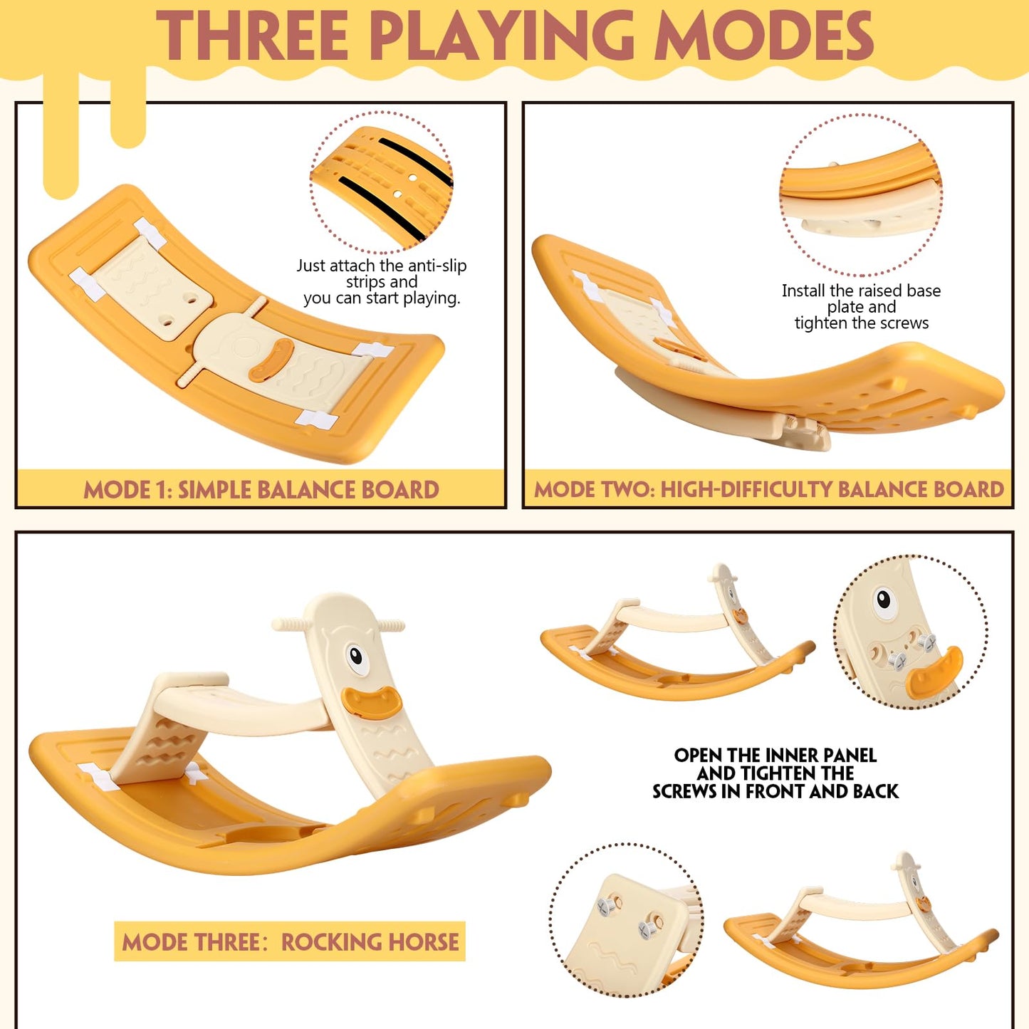 Motionchic Rocking Horse for Toddlers Kids 3 in 1 Wobble Balance Board 3-5 Year Old Rocker Balance Board Baby Rocking Toy with Pedal Backrest Birthday Gift Open Ended Learning Toy for Girl and Boy