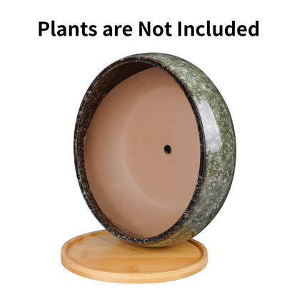 EPFamily 8 Inch Ceramic Bonsai Planter Pot, Glazed Shallow Succulent Planter with Drainage Hole and Bamboo Saucer for Indoor Plants, Brown