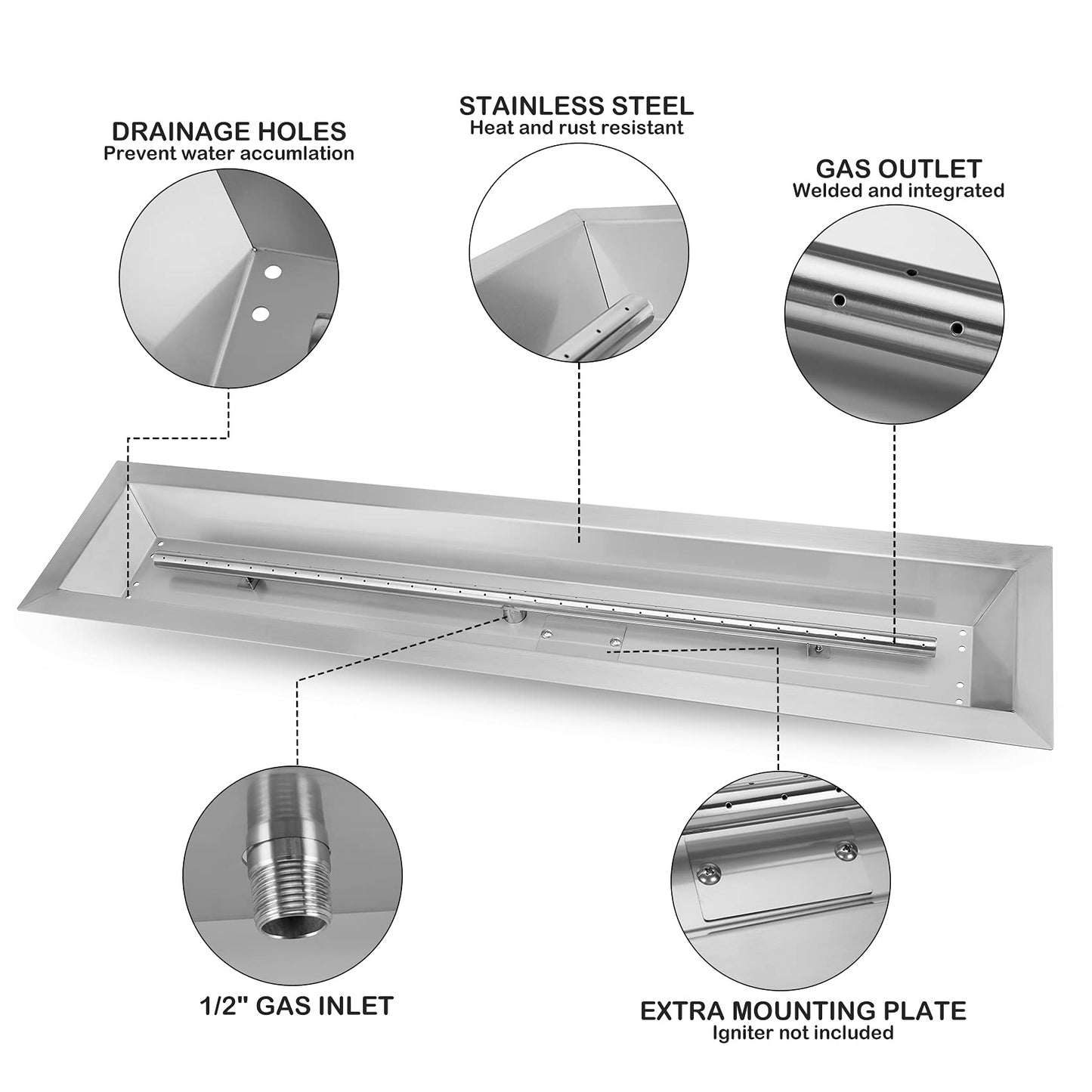 Stanbroil 36 x 6 Inch Linear Drop-in Natural Gas Fire Pit with Spark Ignition, 304 Stainless Steel Fire Pit Burner Insert for DIY Fire Table Backyard, 65,000 BTU'S Max