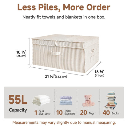 StorageWorks Extra Large Storage Bins with Lids, 55L Decorative Organizer with Divider Board, Fabric Boxes with Handles, Khaki and Beige Stripes, 2-Pack