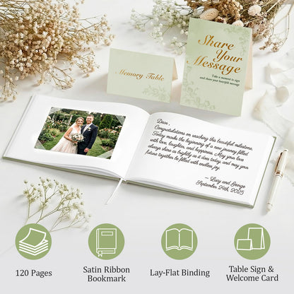 Guest Book for All Occasions – Sage Green Linen Hardcover with Gold Foil, 120 Acid-Free Blank Pages, Includes Table Sign & Welcome Card | 8.66x6.69" Sign-In Book for Wedding, Garden Party & More