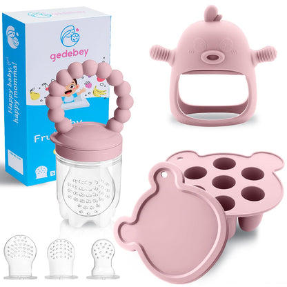 Gedebey 3-in-1 Baby Food & Fruit Feeder Set – Breastmilk Popsicle Mold with Freezer Tray, Teething Relief Toy, BPA Free Infant Silicone Feeding Combo, 3 Bonus Sizes (S/M/L) Sacs (Blush)
