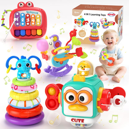 usrela 4 in 1 Baby Toy for 6 9 12 18 Month, Learning Toys for Babies 6-12 Months, Baby Busy Cube, Stacking Sorter, Pull String & Piano Xylophone Travel Toy, Birthday Gift for 1 2 Year Old