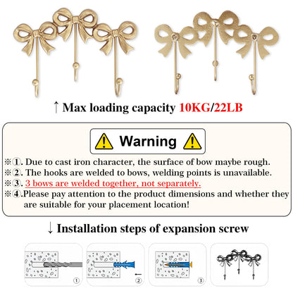 Small Bow Wall Hook,Gold Wall Mounted Functional Hooks,Antique Gold Cast Iron Hook for Coats,Bags, Bath Towels,Room Decorations,Girls Room,Bathroom,Office(Three-Bows Hooks:8.27x5.59 inches)