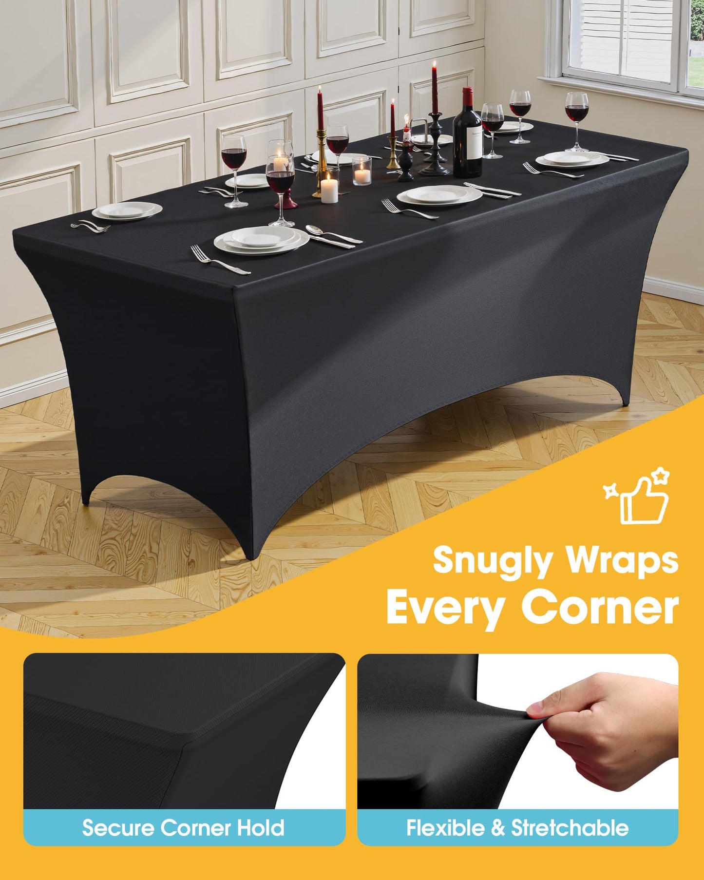 Niuara 4-Pack Black Spandex Tablecloths – 72"x30"x30" Stretch Fitted Table Covers for 6ft Rectangle Folding Tables, Wrinkle-Resistant Tablecloth for Wedding, Banquet & Outdoor Events