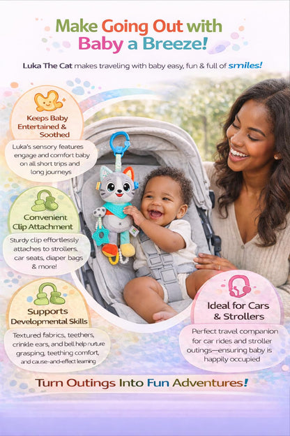 Balibazoo Luka The Cat Hanging Baby Toy – Soft Plush Sensory Toy with 3 BPA-Free Silicone Teethers, Crinkle Ears & Hidden Bell | Clip for Stroller, Car Seat, and Carrier | Developmental Toy 0-24M