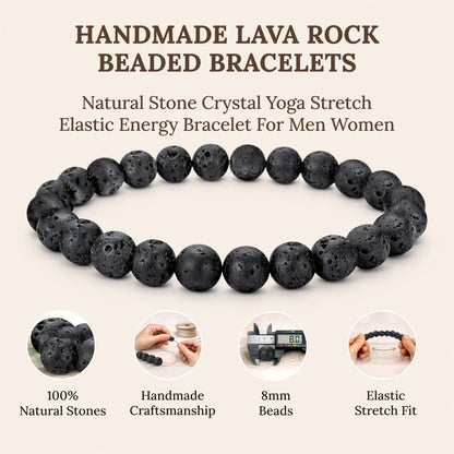 Elm City Direct 8mm Natural Stone Beaded Bracelet – Unisex Crystal Stretch Bracelets for Men & Women, Chakra & Healing Jewelry, Gift-Ready Beaded Bracelets (Lava Rock, 8mm)