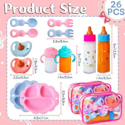 Woozettn 26 Pcs Baby Doll Accessories Magic Bottle Set,Pretend Play Feeding Toy Set with Package,Doll Feeding Set for Kids Girls,Magic Disappearing Juice Milk Bottles,Sippy Cups,Pacifiers,Bowl Spoons