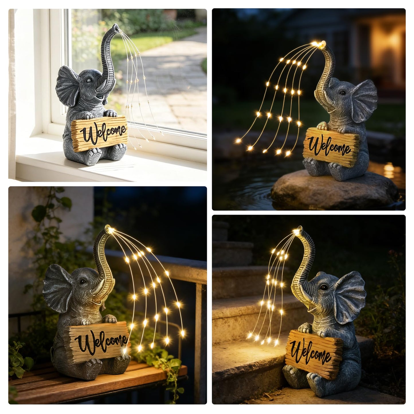 KVR Solar Elephant Statue with Welcome Sign, Outdoor Garden Decor with Warm White Steady-On String Lights, Waterproof Resin Figurine for Front Porch, Patio, Yard, Housewarming Gift