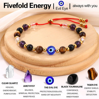 Cute Evil Eye Bracelet Red Black - Natural Crystal Protection Adjustable Spiritual Guardian Jewelry- 5 Healing Stones Clear Quartz Amethyst Black Tourmaline Tiger Eye Bracelet Adjustable (Blue Eye-Red Rope)