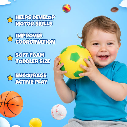 KiddieLoot Sports Balls for Toddlers 1-3, 6 Piece Soft Sports Balls with Soccer, Basketball, Football, Baseball, Tennis & Volleyball - Toddler Boys & Girls Ball Toy Gift