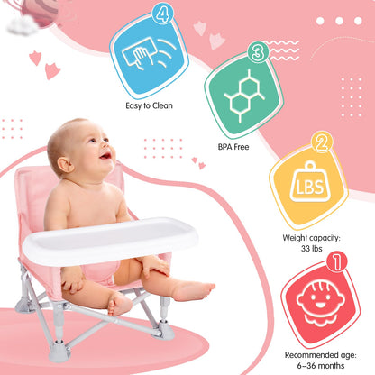 Furmubei Portable Baby Booster Seat with Tray, Toddler Booster seat for Dining, Camping, Travel, Baby Beach Chair 6 Months to 3 Years Old Indoor Outdoor Use Pink