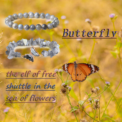 DUQGUHO 2Pcs Butterfly Bracelets for Women Grey Moonstone Bracelet Gift for Women Healing Crystal Bracelet Natural Gemstone Stretchable Jewelry 8mm Crystal Beaded Bracelet Gift for Birthday
