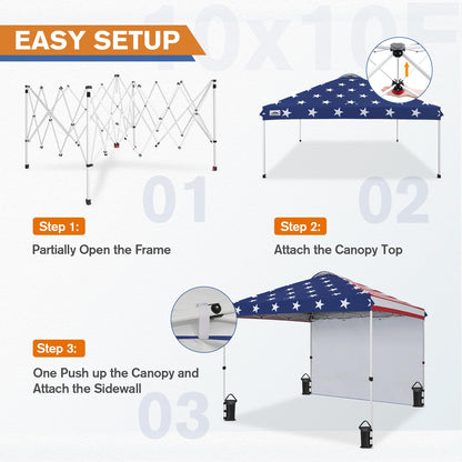 EAGLE PEAK Commercial Canopy 10x10 Pop Up Canopy Tent with 1 Sidewall, Easy Setup Heavy Duty Instant Event Shelter for Vendors & Markets, Outdoor Sun Shade, American Flag