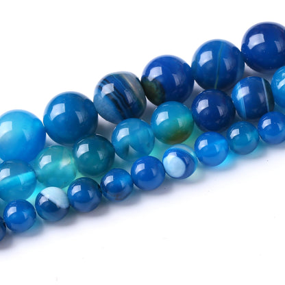 Blue Striped Agate Beads Gemstone Round Crystal Energy Stone Beads for Jewelry Making DIY Bracelet Necklace 1 Strand 15.5inch 35PCS 10MM
