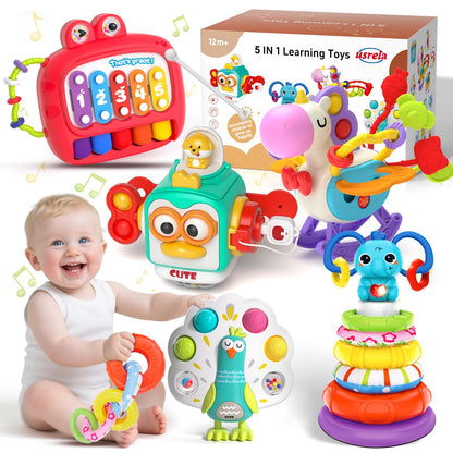 usrela 5 in 1 Baby Toys for 9 12 18 Month, Learning Toy for Babies 6-12 Months, Baby Busy Cube, Stacking&Sensory, Pull String&Piano Xylophone Toy, Birthday Gift for 7 8 9 Month