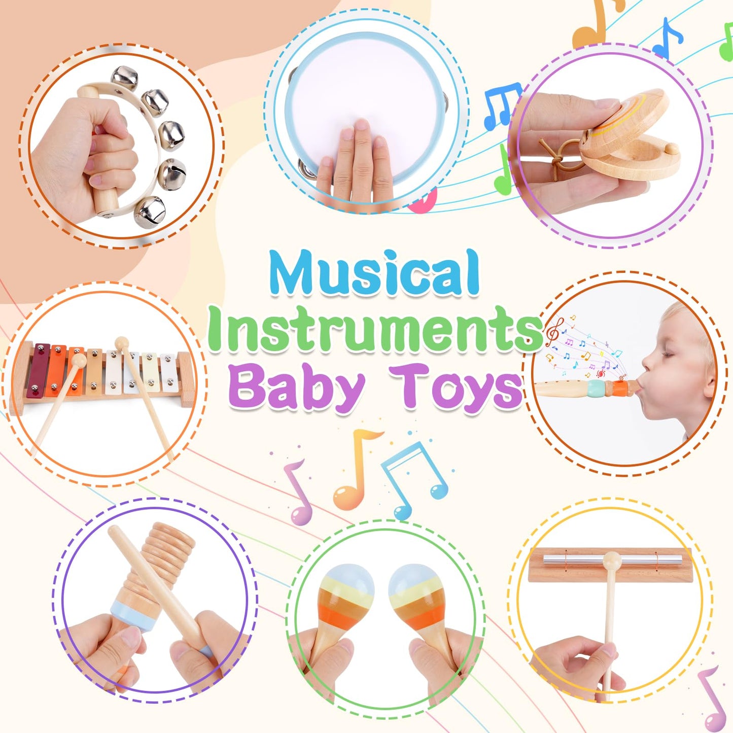 Wooden Toddler Musical Instruments Set, Montessori 18 Month Old Baby Musical Toys, Kids Percussion Instruments Xylophone Maracas for Toddlers 2 3 4, Preschool Christmas Birthday Gifts for Girls Boys