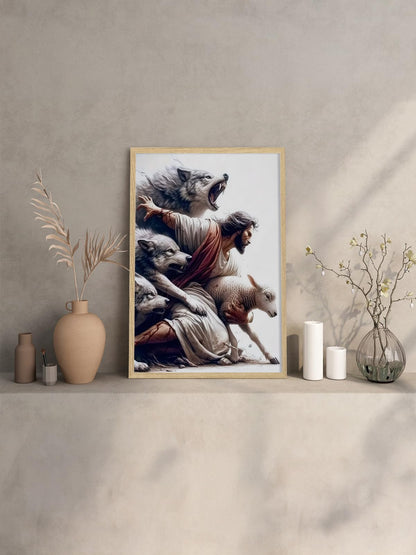 BIBLSPACE Jesus Wall Art Religious Wall Decor Christian Posters for Wall Pictures of Jesus Saves the Lost Lambs Canvas Wall Art for Living Room Bedroom Christian Wolf Art Framed 12x16 Inch