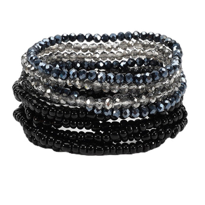 12Pcs Bohemia Multilayer Resin Seed Beaded Stackable Bracelets Colorful Crystal Glass Beads Stretch Bracelet BFF Friendship Elastic Wristbands for Women Men Summer Beach Boho Vacation Jewelry-Black