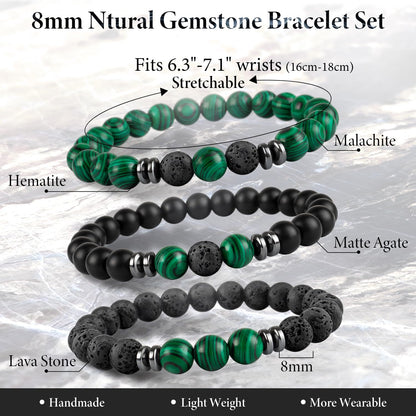 Lameybrt 8mm Men’s Bracelet Set Multi - Tiger Eye/Matte Agate/Lava Rock Gifts for Birthday/Anniversary/Christmas (G08 Malachite, One Size)