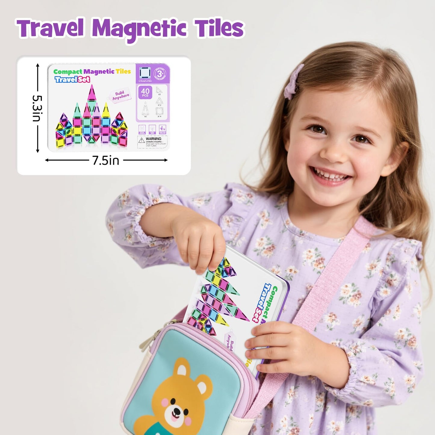 hunloot Mini Magnetic Tiles 40PCS Travel Set with Iron Storage Box, Portable STEM Building Blocks for Kids 3-8, Montessori Educational Magnet Toys for Road Trip, Airplane, Car Rides & On-The-Go Play
