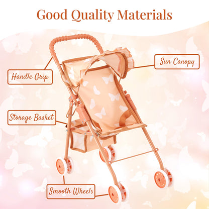 4-in-1 Baby Doll Stroller Set with Butterfly Design – Includes Toy Stroller, Crib, Bouncer & High Chair – Doll Accessories & Baby Doll Furniture Set for Toddlers 3-4 Years – Fits Dolls up to 18 Inches