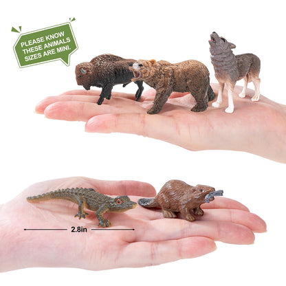 THINKBAY 16PCS Mini North American Forest Woodland Animals Figurines Toys, Realistic Jungle Wild Animal Figures with Wolf,Bear,Bison,Reindeer,Birthday Party Favors Valentine's Day Gifts for Kids