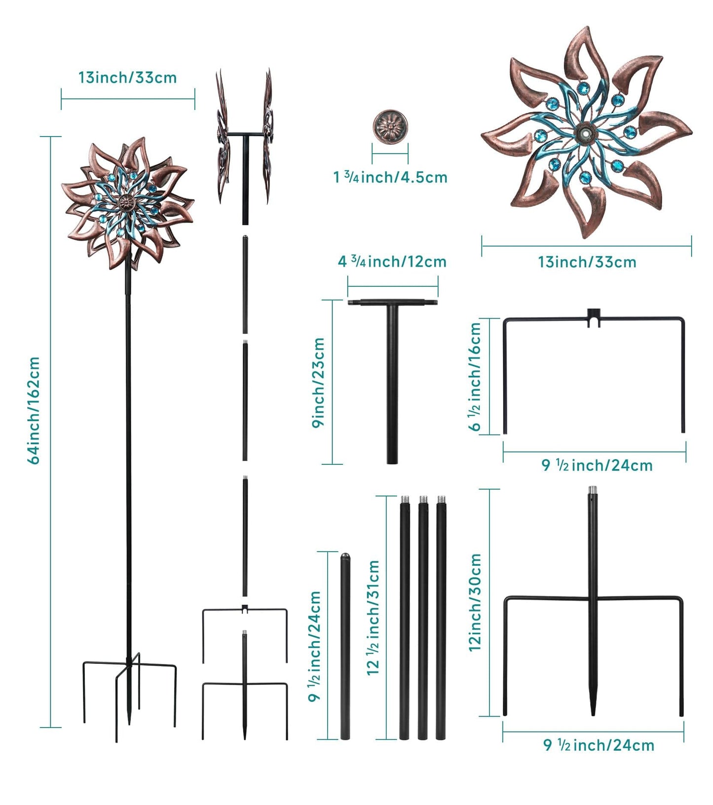 VUFOZ 360° Garden Wind Spinner for Outdoor Yard Art – W13xH64 Kinetic Windmill for Garden, Lawn, and Patio – Dahlia-Inspired Copper and Teal Wind Spinners Outdoor Decorative Yard Art