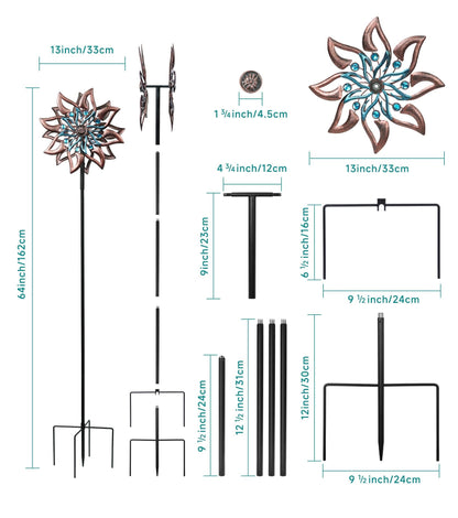 VUFOZ 360° Garden Wind Spinner for Outdoor Yard Art – W13xH64 Kinetic Windmill for Garden, Lawn, and Patio – Dahlia-Inspired Copper and Teal Wind Spinners Outdoor Decorative Yard Art
