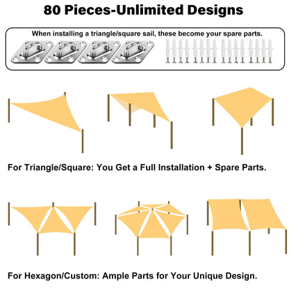 YOFIT 80 Pcs Shade Sail Hardware Kit 6 inch for Triangle Rectangle Sun Shade Sail Installation, 304 Grade Stainless for Garden Outdoors