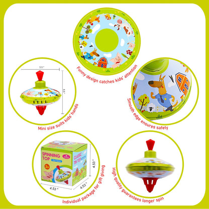 Beeqoo Fun Farm Spinning Top Tin Toy for Kids – Retro Classic Toys - Toddler Traditional Spin Tops - Metal Fidget Spinner for Kindergarten – Sensory Gyroscope - Novelty Present Party Favors