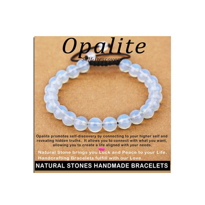 AD Beads 8mm Opalite - Self-Descovery - Handmade Natural Stone Crystal Bracelet with Adjustable Macrame String - Yoga Healing Power Energy Gifts for Men and Women