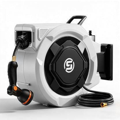 SUNPOW Retractable Garden Hose Reel - 1/2" x 100ft Wall Mounted Hose Reel with 3/4'' Brass Fitting & 10-Pattern Nozzle - Auto Slow Retraction, Any-Length Lock, 180°Swivel for Lawn & Gardening