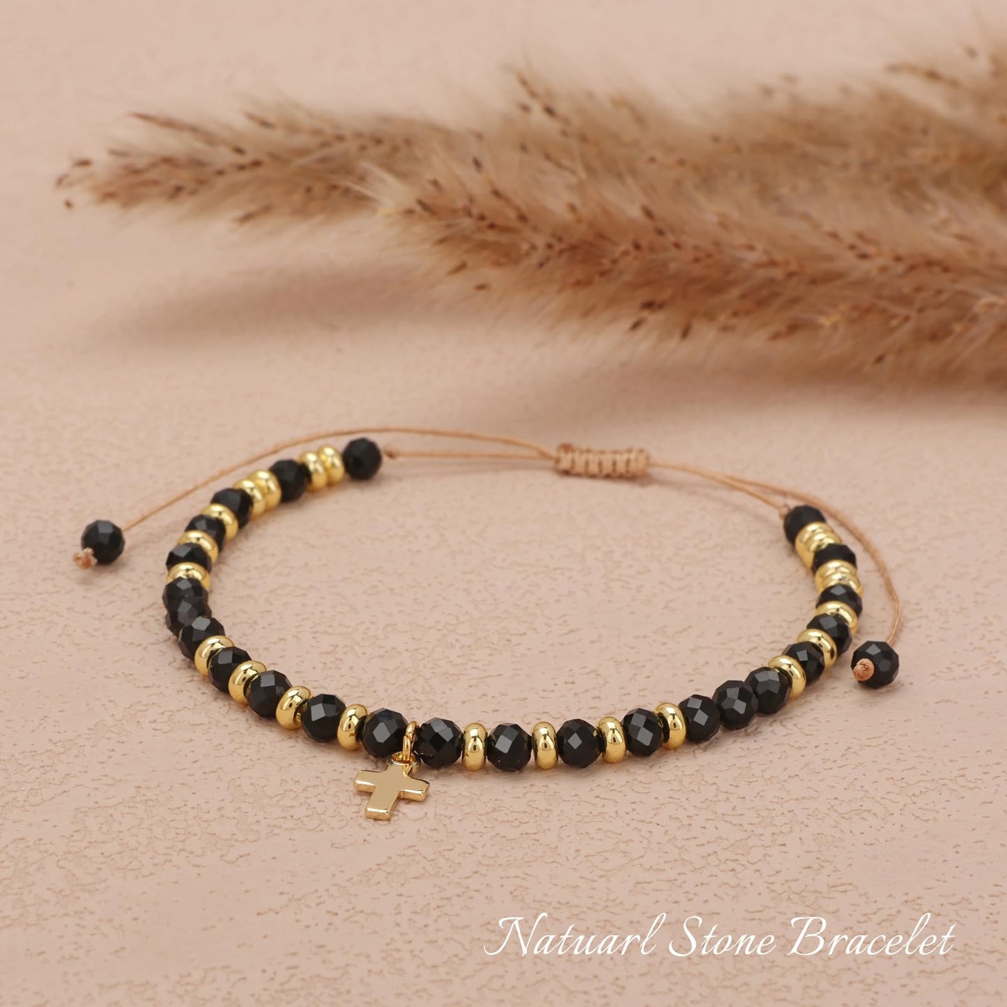 Raicegs Braided Black Tourmaline Cross Crystal Bracelet Natural Stone Beaded Bracelet for Women Faith Jewelry Healing Bracelet Christian Gifts for Women Religious Gifts