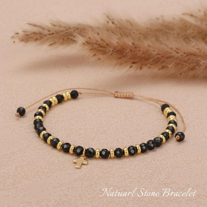 Raicegs Braided Black Tourmaline Cross Crystal Bracelet Natural Stone Beaded Bracelet for Women Faith Jewelry Healing Bracelet Christian Gifts for Women Religious Gifts
